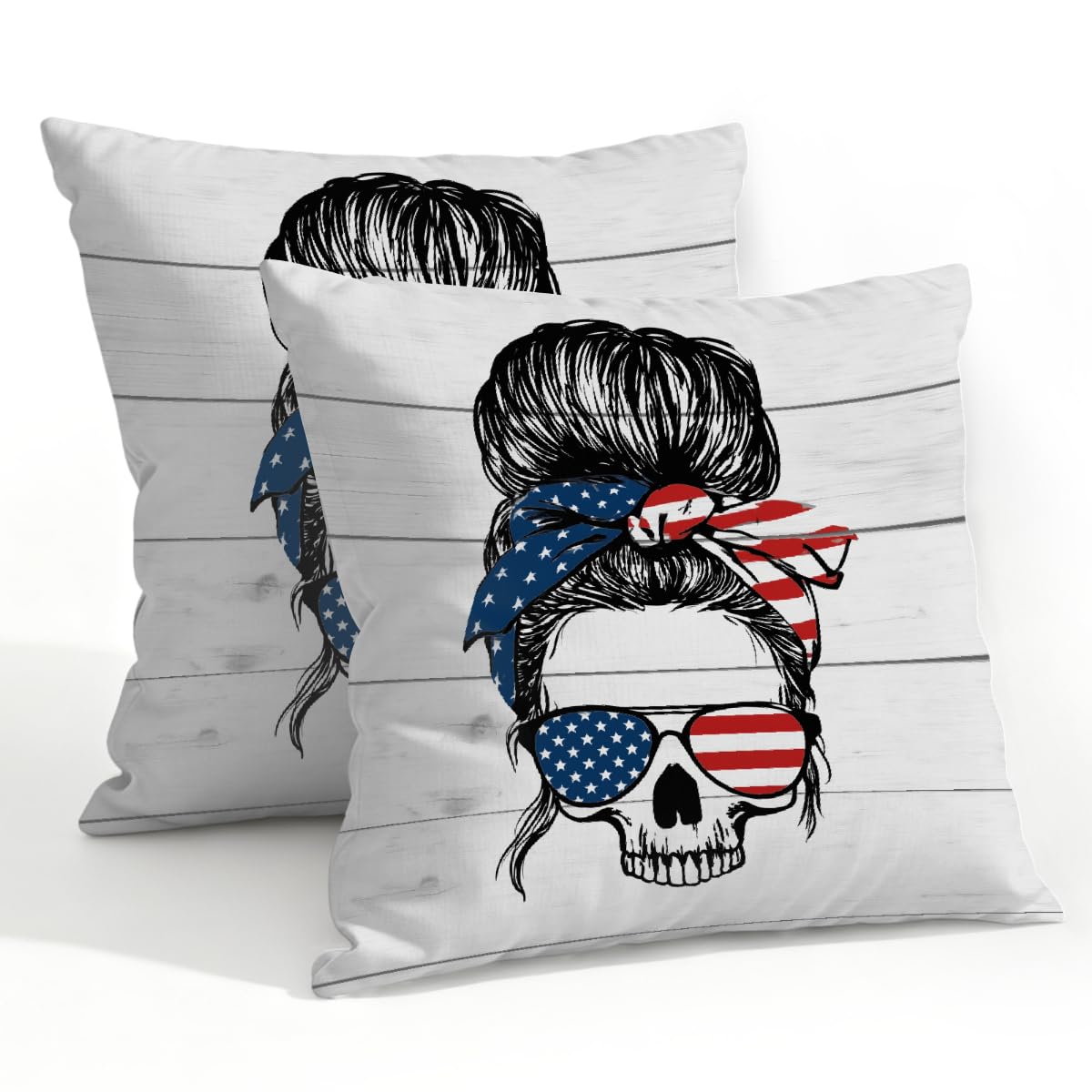 Outdoor Pillow Covers Waterproof Pillowcases 22x22in Set of 2 Women Skeleon American Flag Sunglasses Decorative Throw Cushion Case for Couch Sofa Garden Patio Furniture