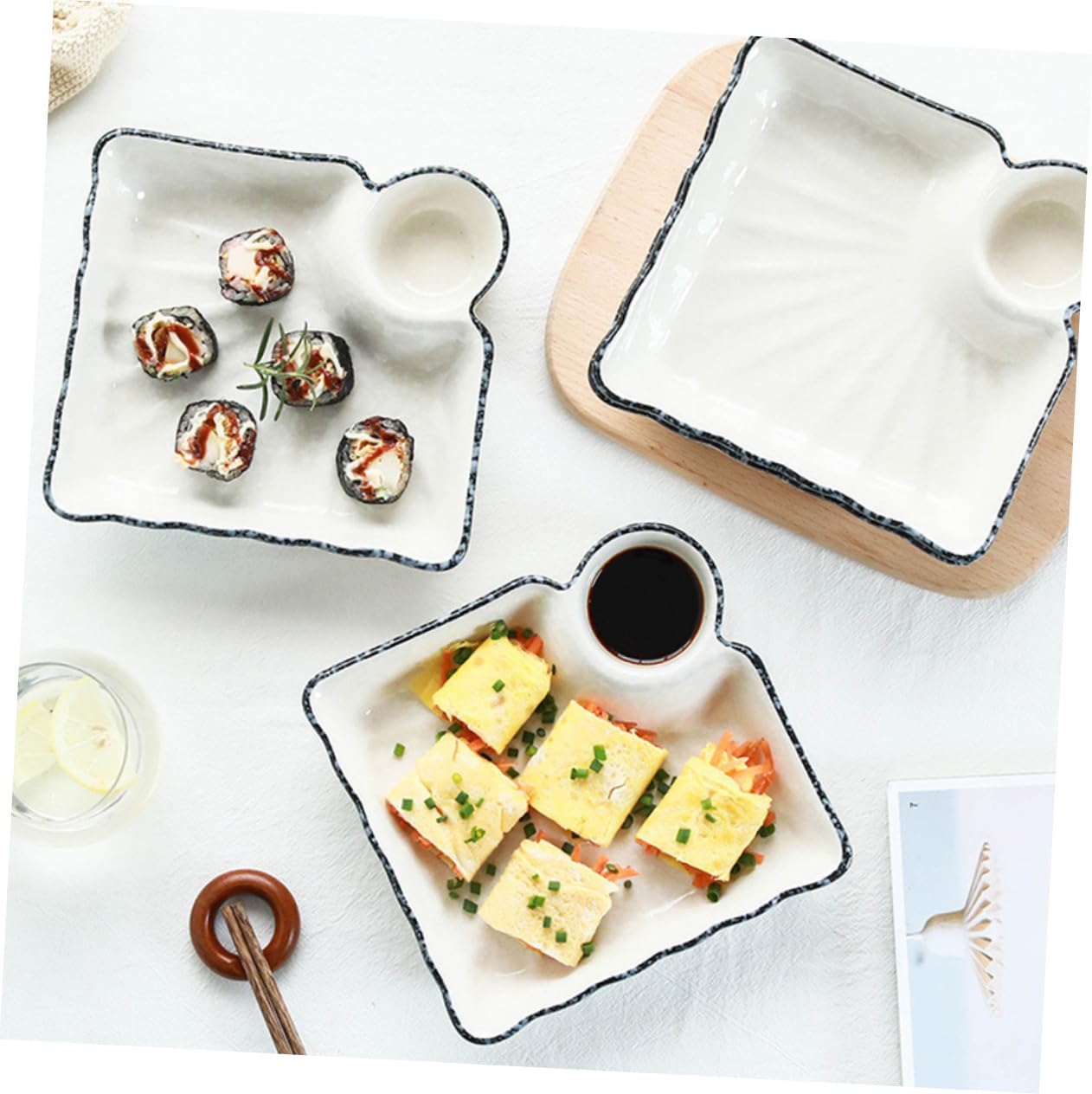Mobestech 2Pcs Ceramic Sushi Plates with Dip Bowls Japanese Dumpling Dish Compact Lightweight Food Grade Appetizer Serving Platter for Sushi and Snacks