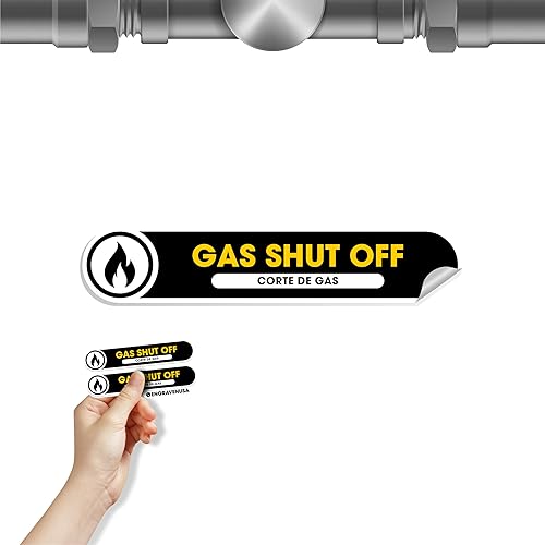 Bilingual Gas Shut Off - Paquete de 2 calcomanías pequeñas de apagado de gas de emergencia en inglés y español, vinilo mate permanente de 5 x 1