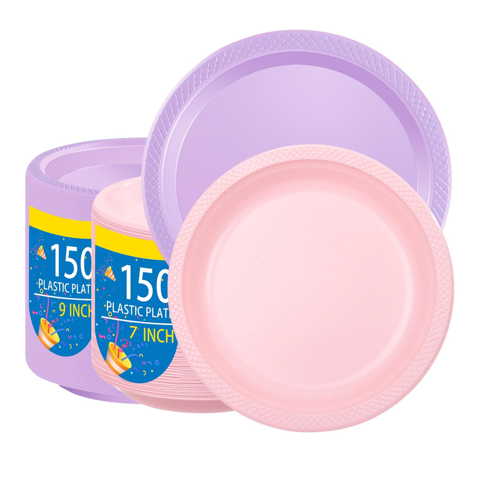 WELLIFEPastel Party Plates 300 Count 7" Pink 9" Lavender Plastic Plates, Disposable Dessert Dinner Plates Set for Cake Party Supplies
