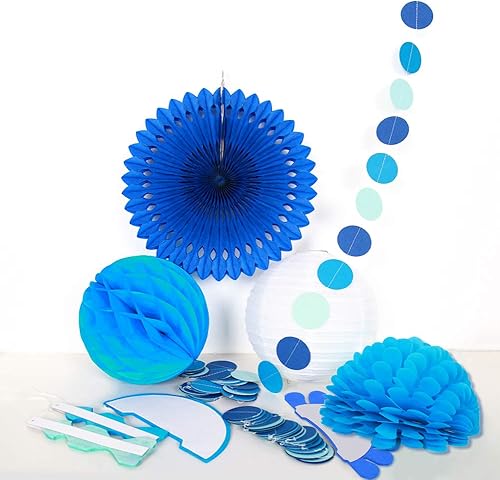 Miniatura 4 de Decor365 Kit de decoración azul para fiesta de cumpleaños, abanicos de papel, pompones, guirnaldas de lunares circulares, tema oceánico, decoración