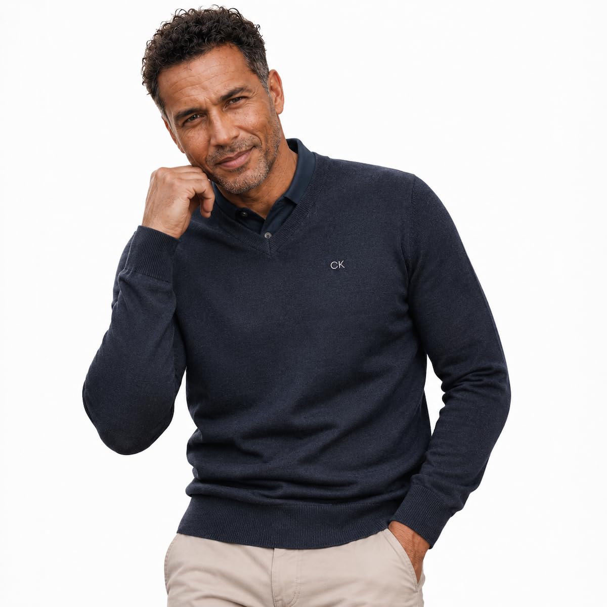 Calvin Klein Herren V-Neck Easy Care Pullover - Marine Marl - XXXXL