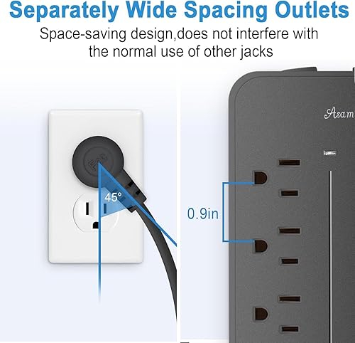 Miniatura 4 de Asamoom - Cable de extensión con protector de sobretensiones de 20 pies con USB C negro, regleta de alimentación de enchufe plano Asamoom con cable