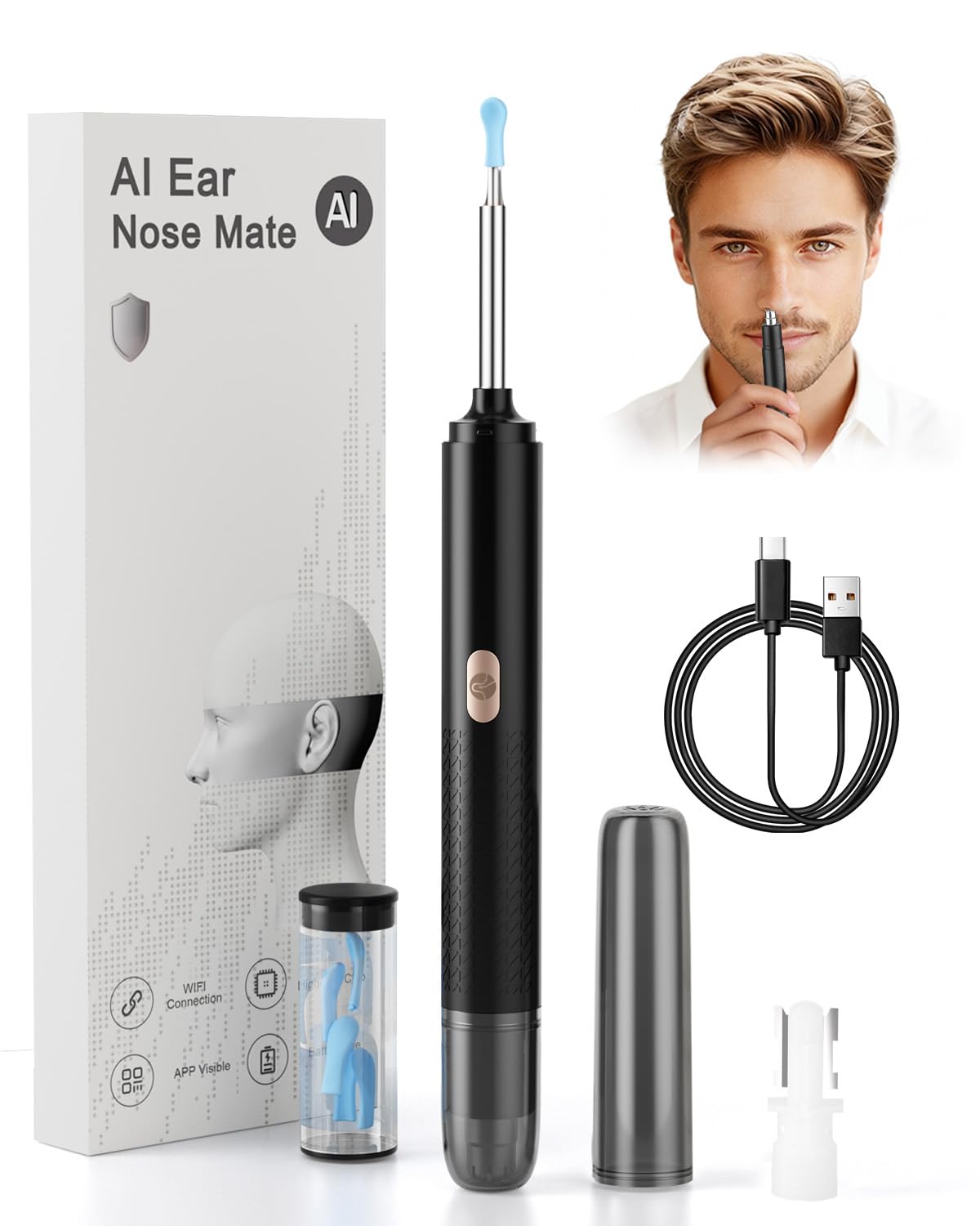 Ear Wax Removal Tool Camera - 2 in 1 Earwax Remover with Nose Hair Trimmer - Wireless Ear