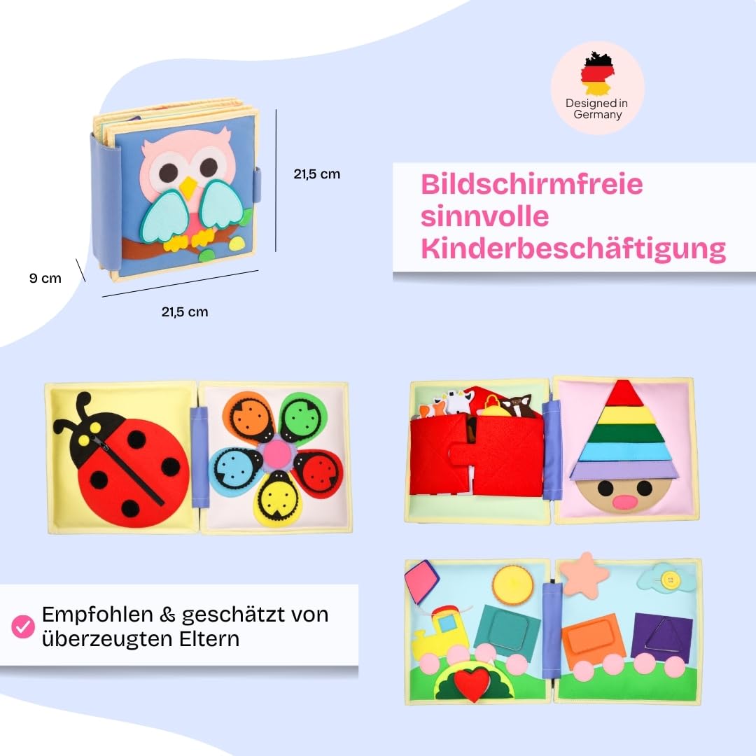 Jolly Designs – Pastell Junge Eule – 6 Seiten Premium Quiet Book – Montessori Spielzeug ab 1 Jahr – Motorik & Sensorik fördern – Handgefertigtes Filzbuch – Lernspielzeug für Kleinkinder – Busy Book