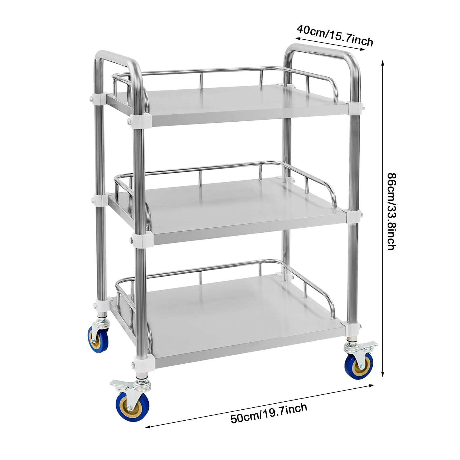 Carrito de acero inoxidable con 3 niveles, 50 x 40 cm, superficie de almacenamiento, capacidad de carga 25 kg | Carro de servicio de 3 niveles de acero inoxidable con ruedas para espacios pequeños