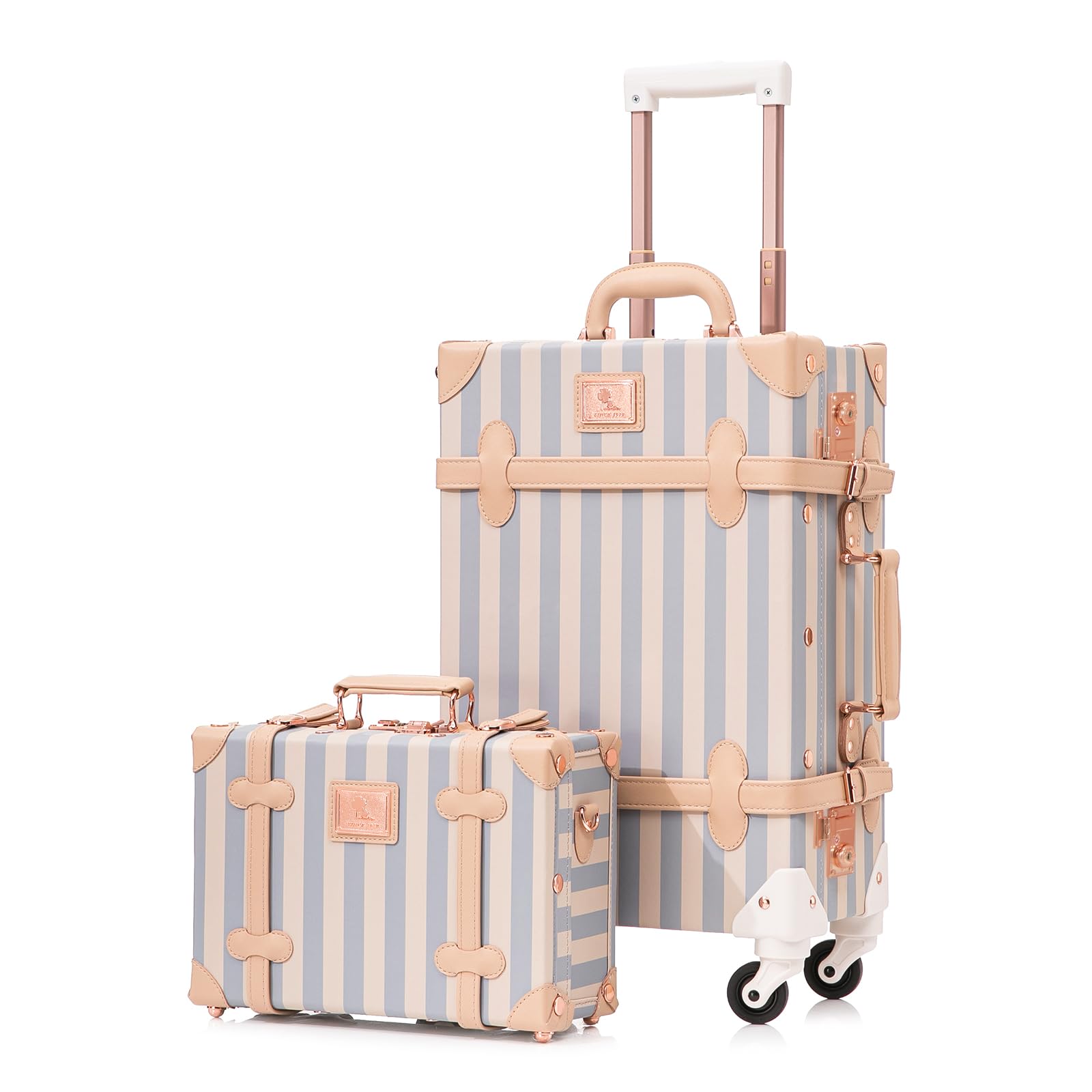 UNIWALKER Vintage Luggage Set, 2 Piece Faux Leather Carry on Suitcase with Spinner Wheels TSA Lock and Cosmetic Train Case for Women, Blue Strip, 20"+12"