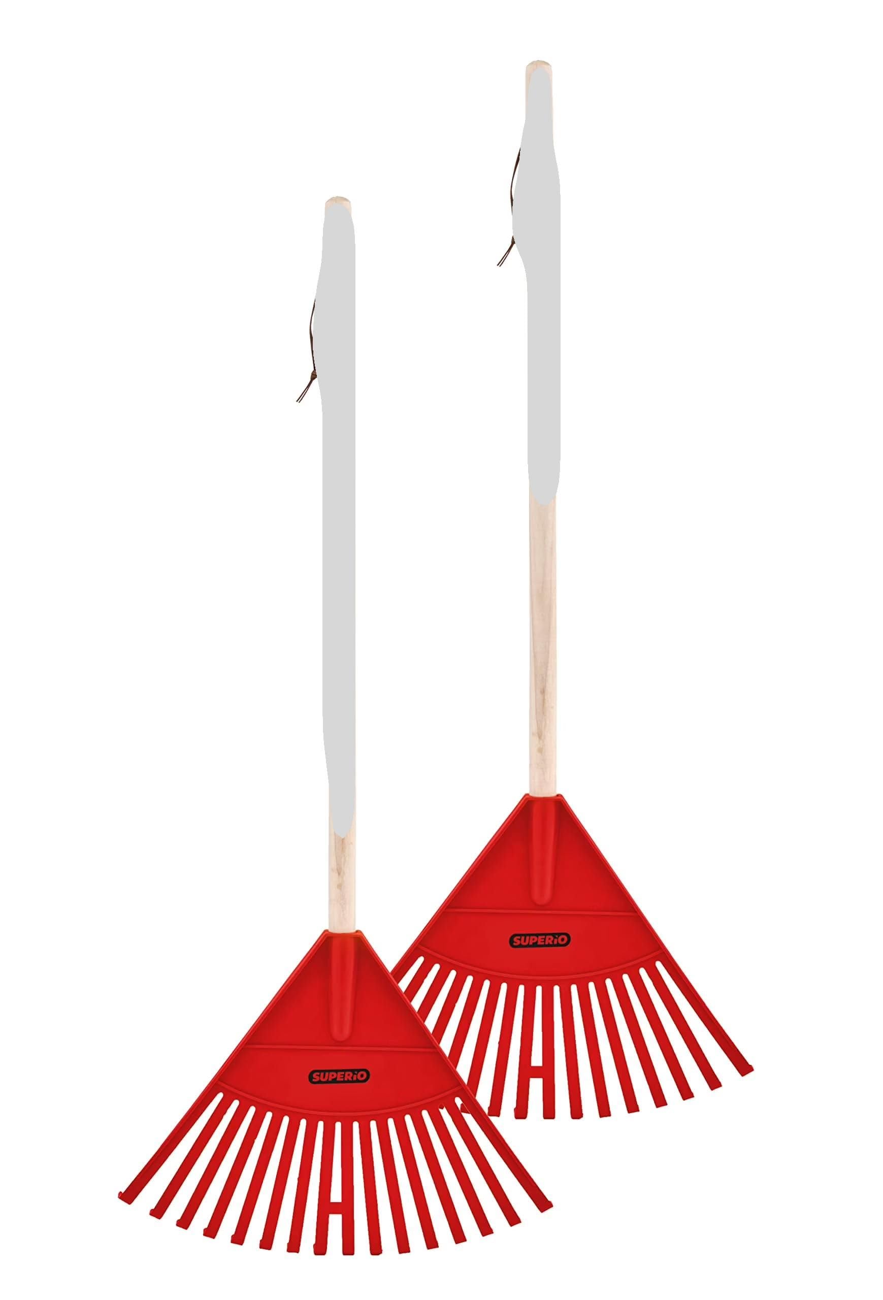 Superio Kids Leaf Rake, 34-Inch Lawn &amp; Garden Rake with Hardwood Handle and Durable Plastic Head, Leaf Cleanup Tool, Red 2 Pack