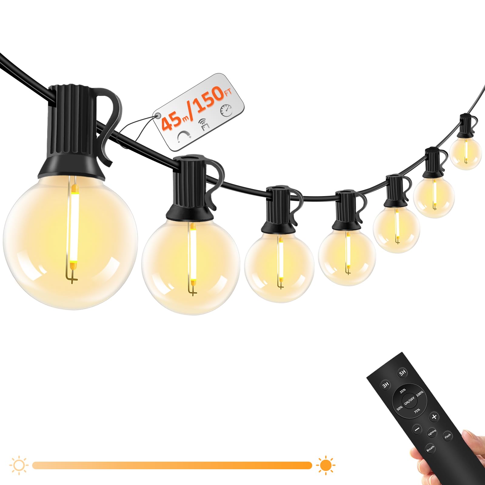 Catena Luminosa Esterno con Telecomando - 45M / 150FT Dimmerabile Luci da Esterno con 60+2 G40 LED Lampadine Impermeabile, 4 Modalità e Temporizzazione Funzione per Giardino Festa Matrimonio Cortile