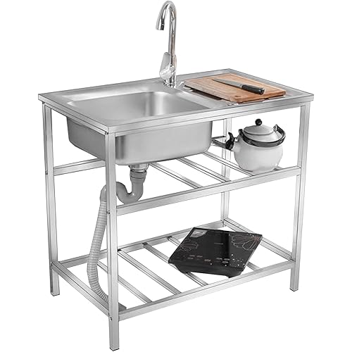 Commercial Restaurant Sink Utility Sink,Stainless Steel Sink with Workbench, Outdoor Single Bowl for Washing,Laundry Room Sinks Kitchen Sink Garage Sink Portable Sink w/Faucet & Drainboard (Sing