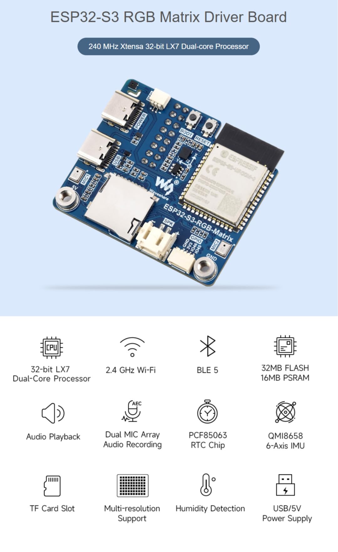 TUOPUONE ESP32-S3 RGB-Matrix-Treiberplatine, Onboard-Dual-Mikrofon-Array, unterstützt KI-Sprachinteraktion