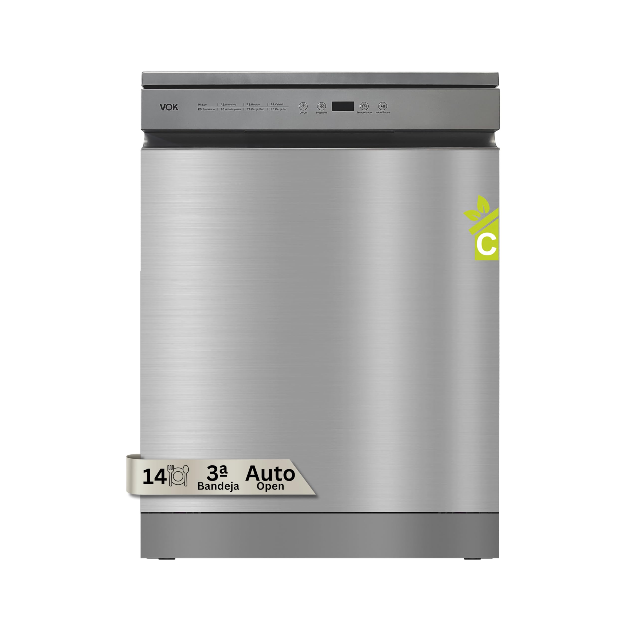 VOK Lavavajillas 60 cm 14 Cubiertos Inox – 3ª Bandeja, 8 Programas, 47 dB Silencioso, Apertura Automática, Aquastop, Cesta Ajustable – Eficiencia Energética C – Instalación Incluida