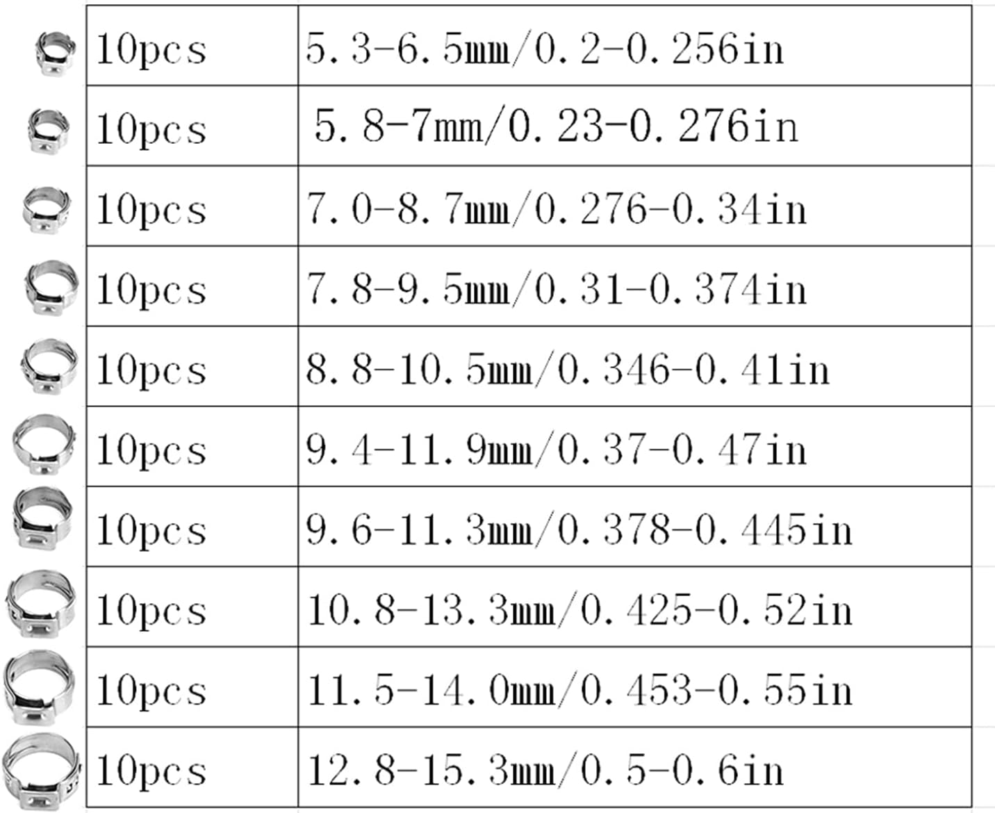 BAFOVY Single Ear Hose Clamp Stepless Clamp Kit Stainless Steel 100pcs Assortment with 360° Endless Design for Small Cars Trucks Agricultural Vehicles