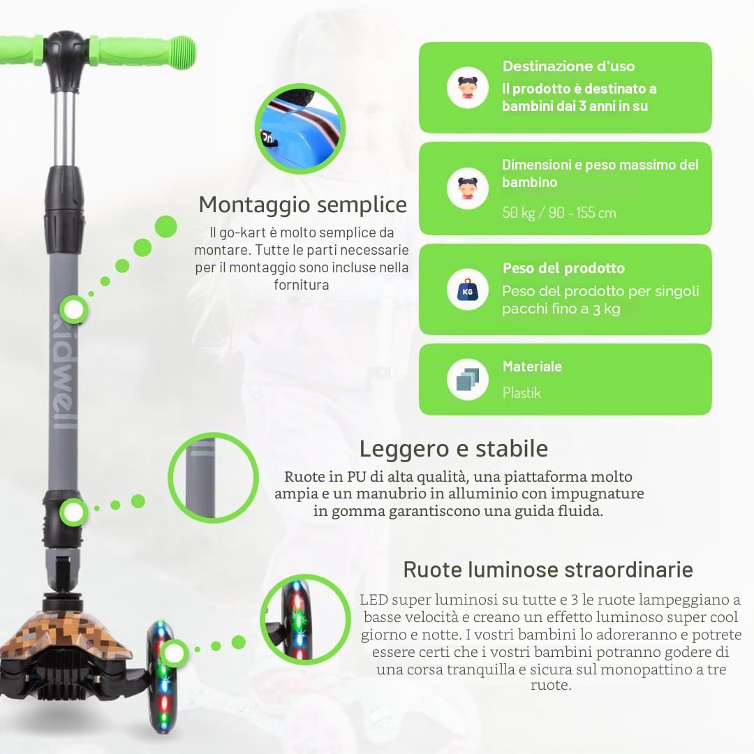 COIL Monopattino per bambini, triciciclo, monopattino, triciciclo, monopattino a tre ruote, scooter da città, cuscinetti ABEC-7, regolazione del volante a 3 livelli, ruote a LED