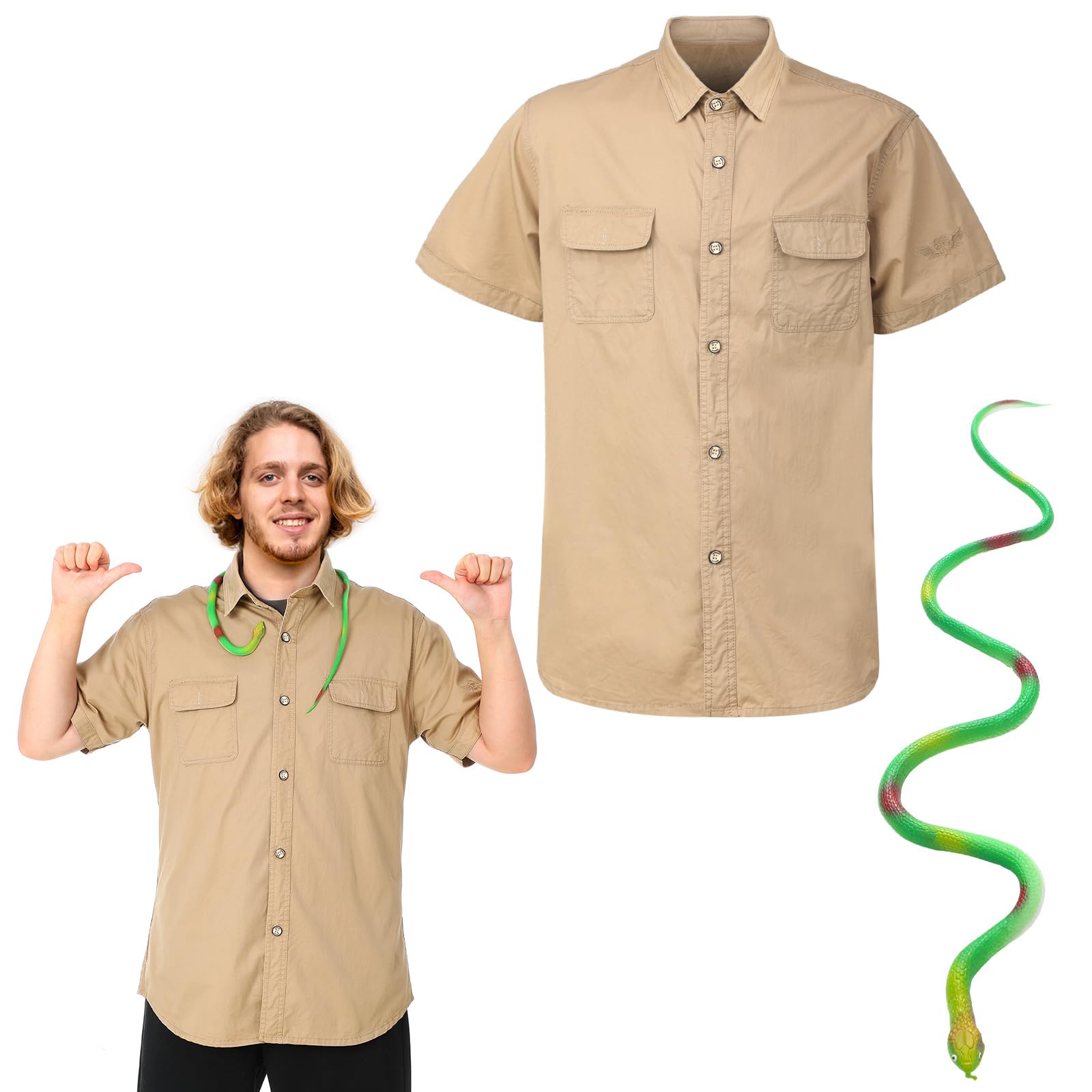 Skicuff 2 Pcs Halloween Crocodile Wrestler Costume Adult Brown Short Sleeve Work Shirt with Fake Snake for Character Costume Party