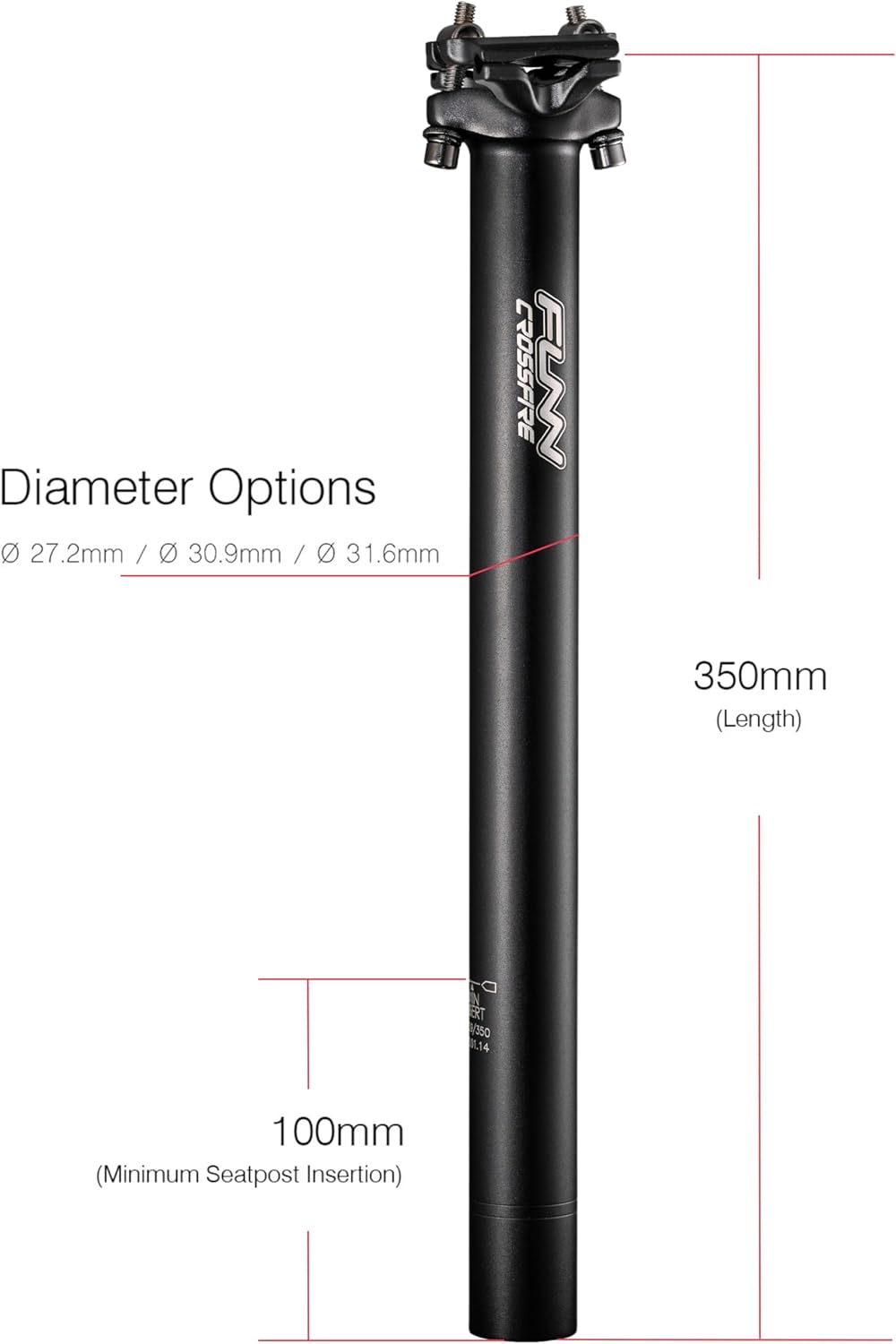 Funn Crossfire Bike Seat Post, Length 350mm, Diameter 27.2mm / 30.9mm / 31.6mm, Aluminum Alloy AL6061, 3D Forged, One Piece Head and Shaft