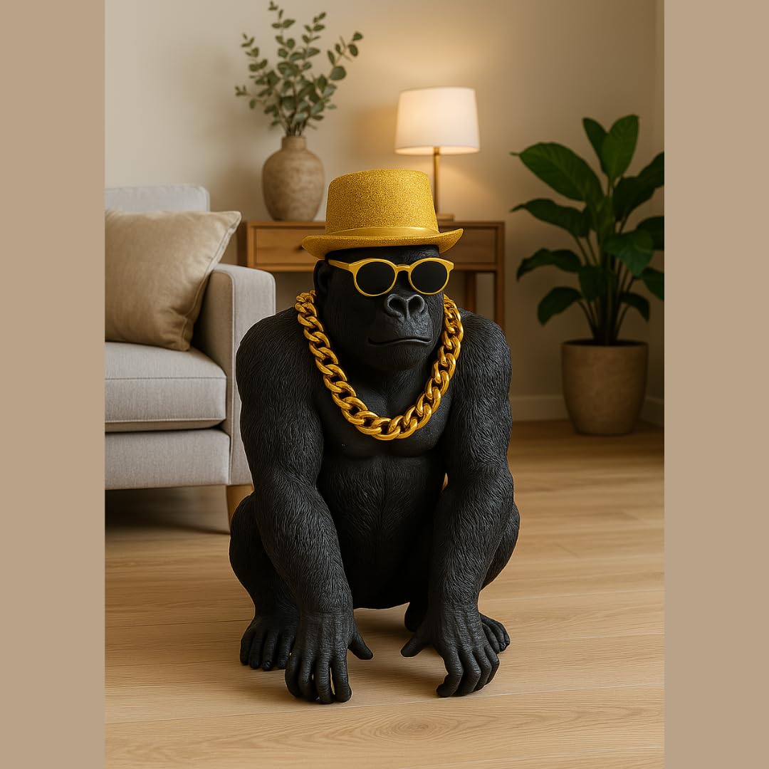 Bongo Gold – Statua Gorilla dorata di alta qualità, statuetta decorativa con occhiali e catena dorata – scultura di design XXL – creazione francese di eccezione per soggiorno ufficio