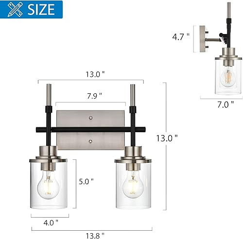 Miniatura 3 de MELUCEE Accesorios de iluminación de baño sobre el espejo, aplique de pared de 2 luces, luz negra y acabado de níquel cepillado con pantalla de