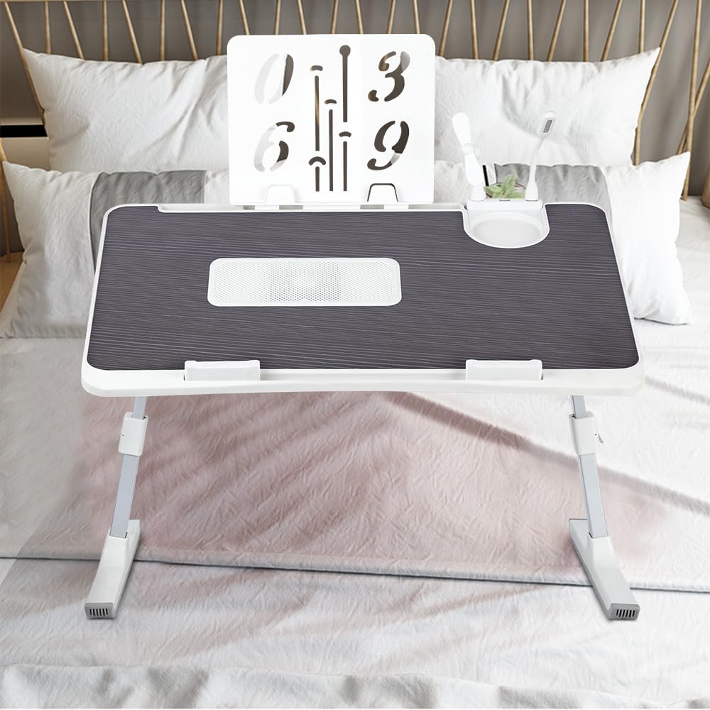 Supfine Table de Lit pour Ordinateur Portable, Support Réglable en Hauteur et Angle, avec Tiroir et Refroidisseur PC Intégré, Noir 60x40 cm