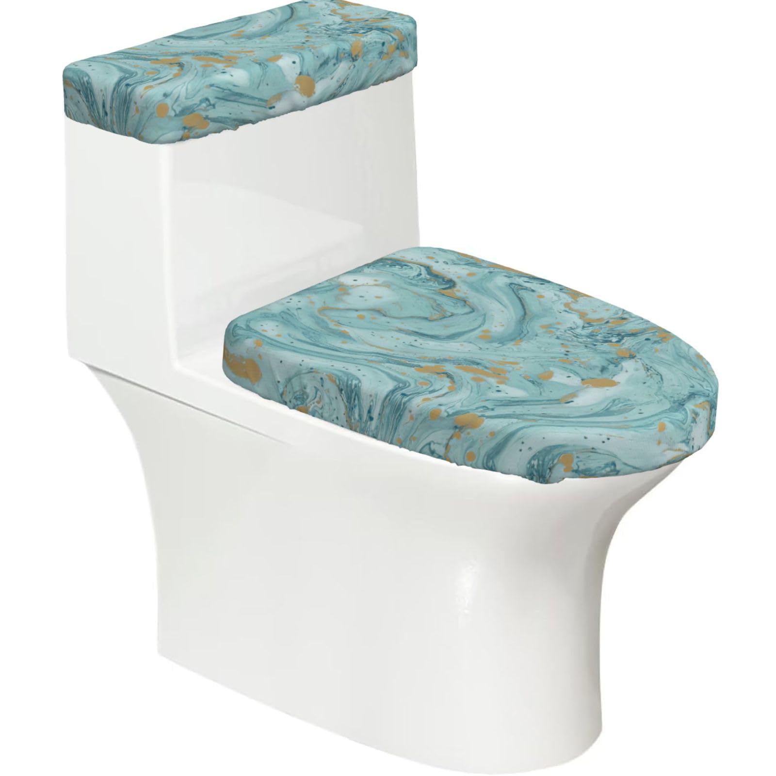 Azurite Teal And Foil Gold Oil Marble Pattern Print Stretch Toilet Covers Set, Polyester Covers Replacement For Fits Most Size Lids Bathroom Decor