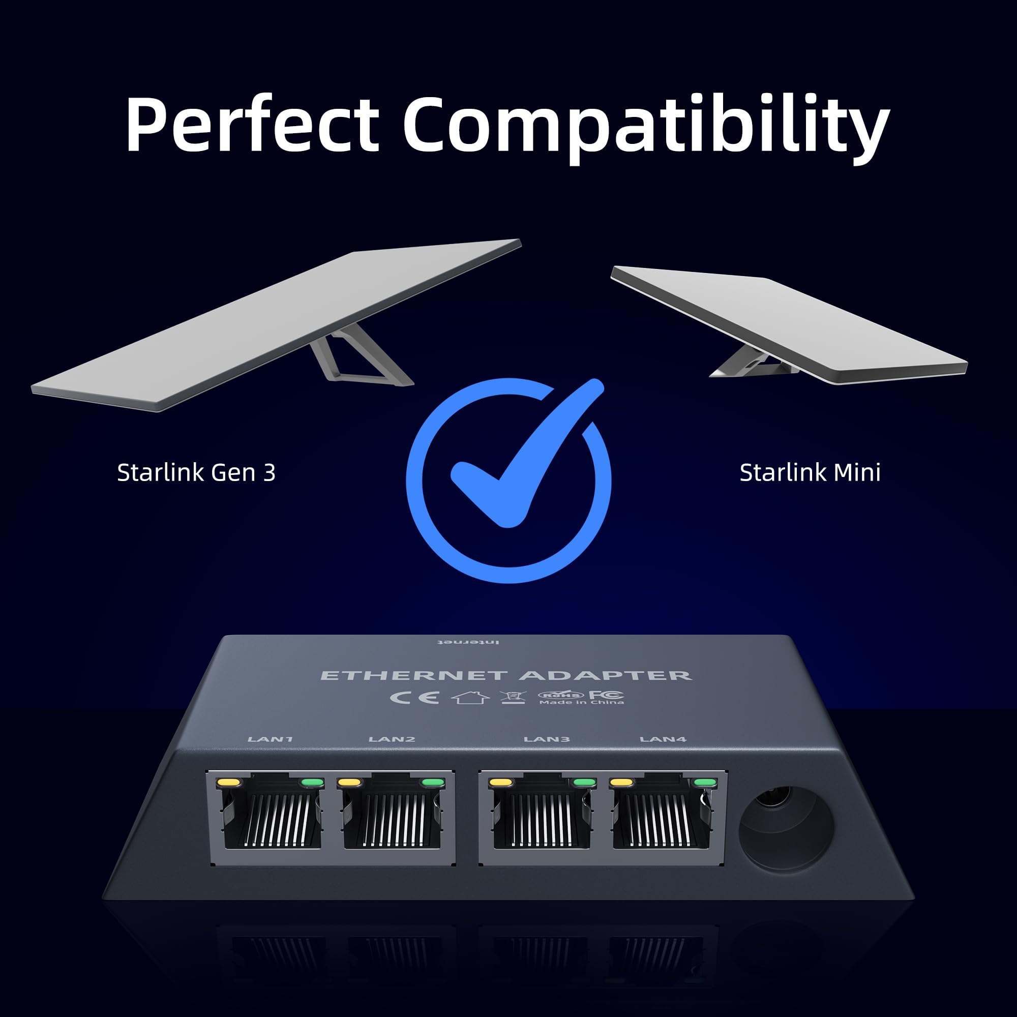 Joinfworld Adaptador Ethernet de 4 puertos para Starlink Gen 3 y Mini con cable Ethernet de 1.6 pies, adaptador de red con cable de 1 Gbps con 4 puertos RJ45 para conexión por cable, Internet estable