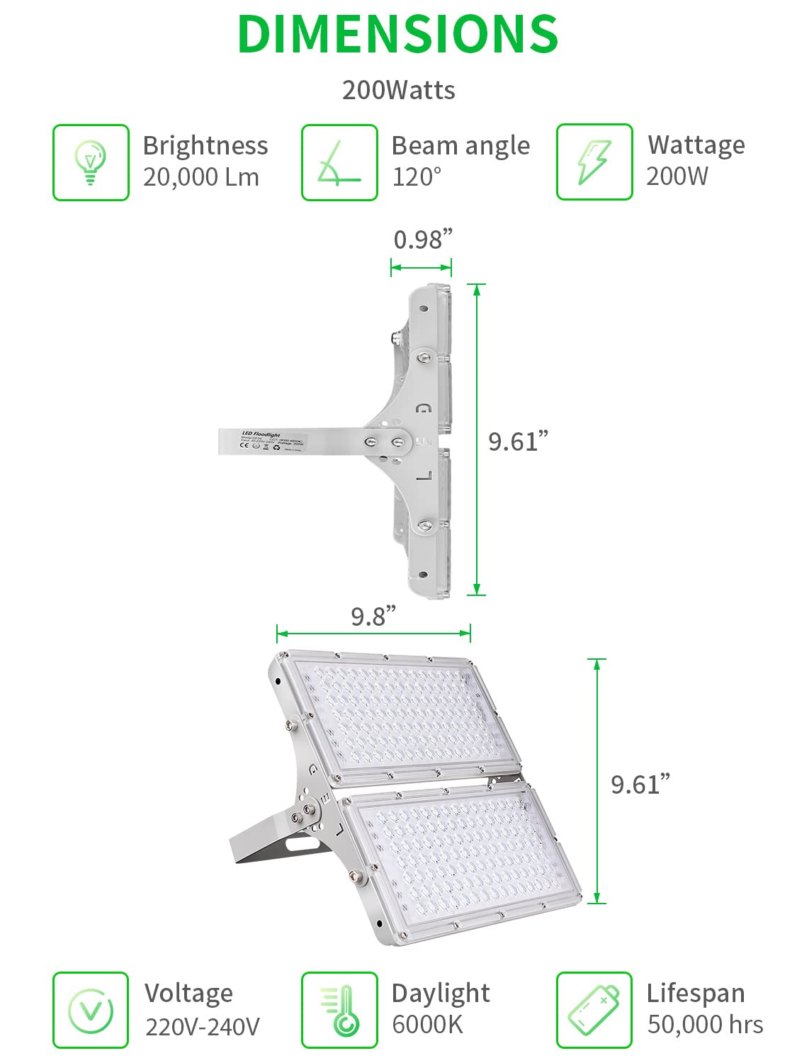 Viugreum Faretto LED da Esterno 200W, IP66 Resistente all'acqua, Luce di Sicurezza 20000LM, 6500K Bianco Freddo, Super Luminoso per Giardino