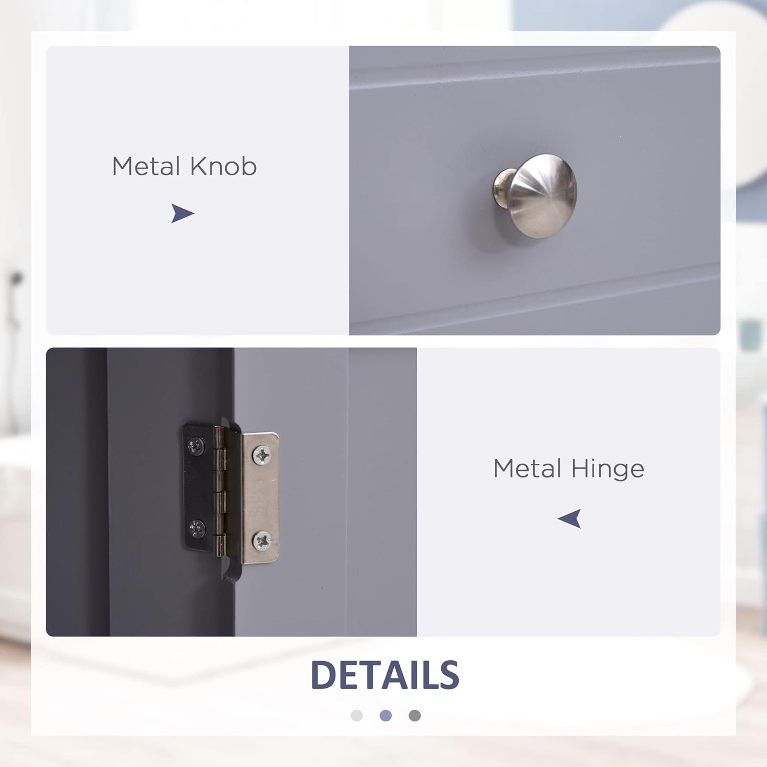 Close-up images of the metal knob on the drawer and the metal hinge on the cabinet door, highlighting the hardware details.