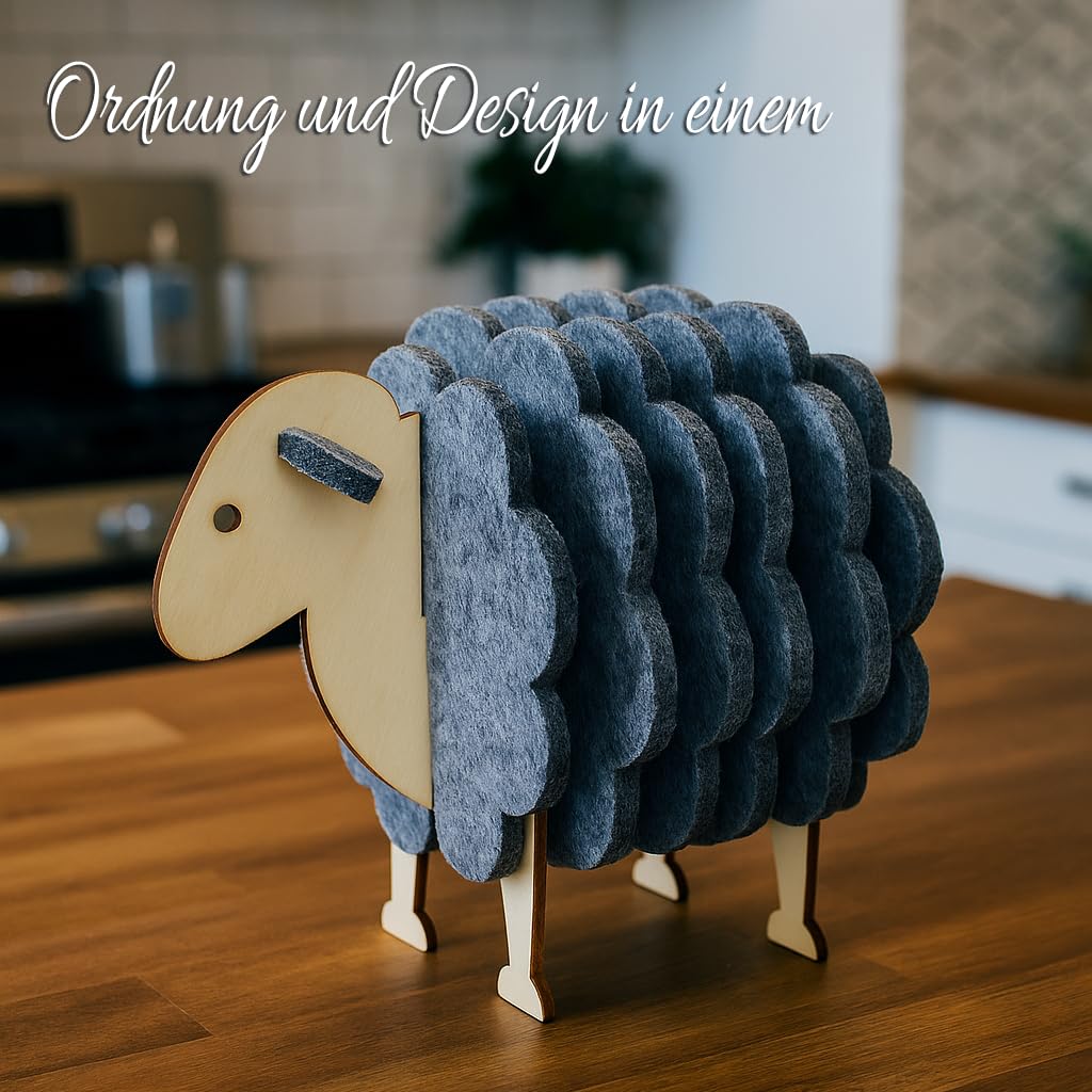 WangsLICHT Filz Untersetzer Set 6-teilig – Untersetzer in Schaf-Form mit Holzständer & Geschenkbox – Nachhaltige Tischdeko - Ostergeschenk - Gastgeschenk (Grau)