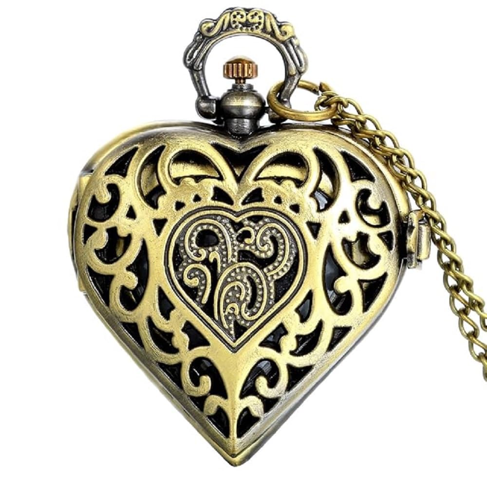 Vintage Pocket Watch Keychain for Men & Women - Antique Bronze Alloy Quartz Pendant Watch with Chain, Heart Carved and Compass Dial Design for Gift, Travel, Daily Use-image-23