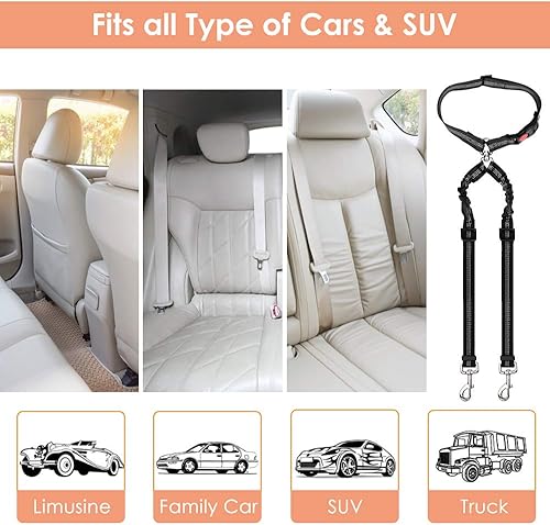 Miniatura 6 de Cinturón de seguridad doble para perro, nuevo cinturón de seguridad doble para reposacabezas de automóvil, sin enredos, correa para perro, ajuste