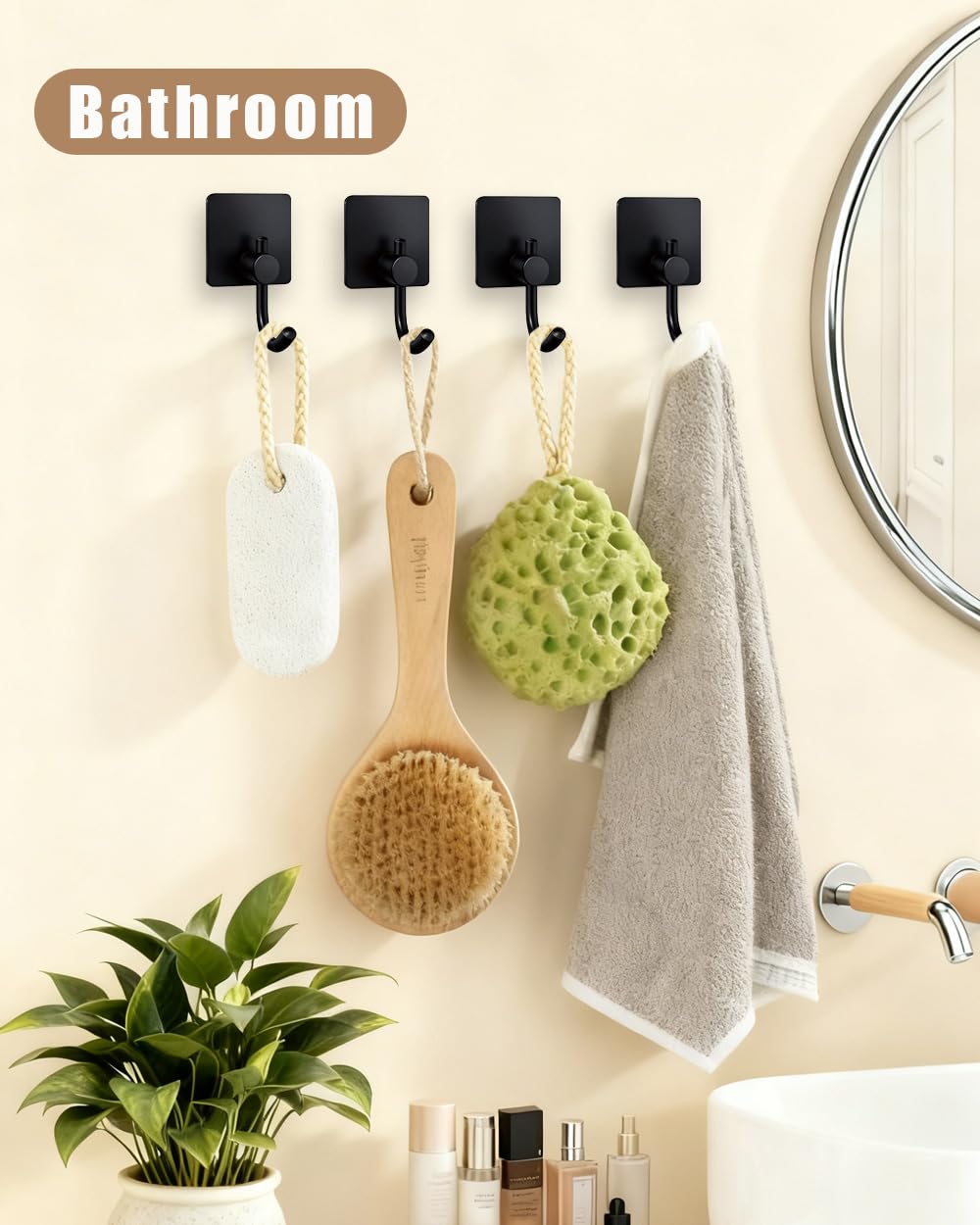 YLITREUS Ganci Adesivi 6 Pezzi - Ganci Autoadesivi da Parete in Acciaio Inox Nero per Bagno Cucina Camera - Gancio per Asciugamani, Chiavi e Vestiti Senza Forare