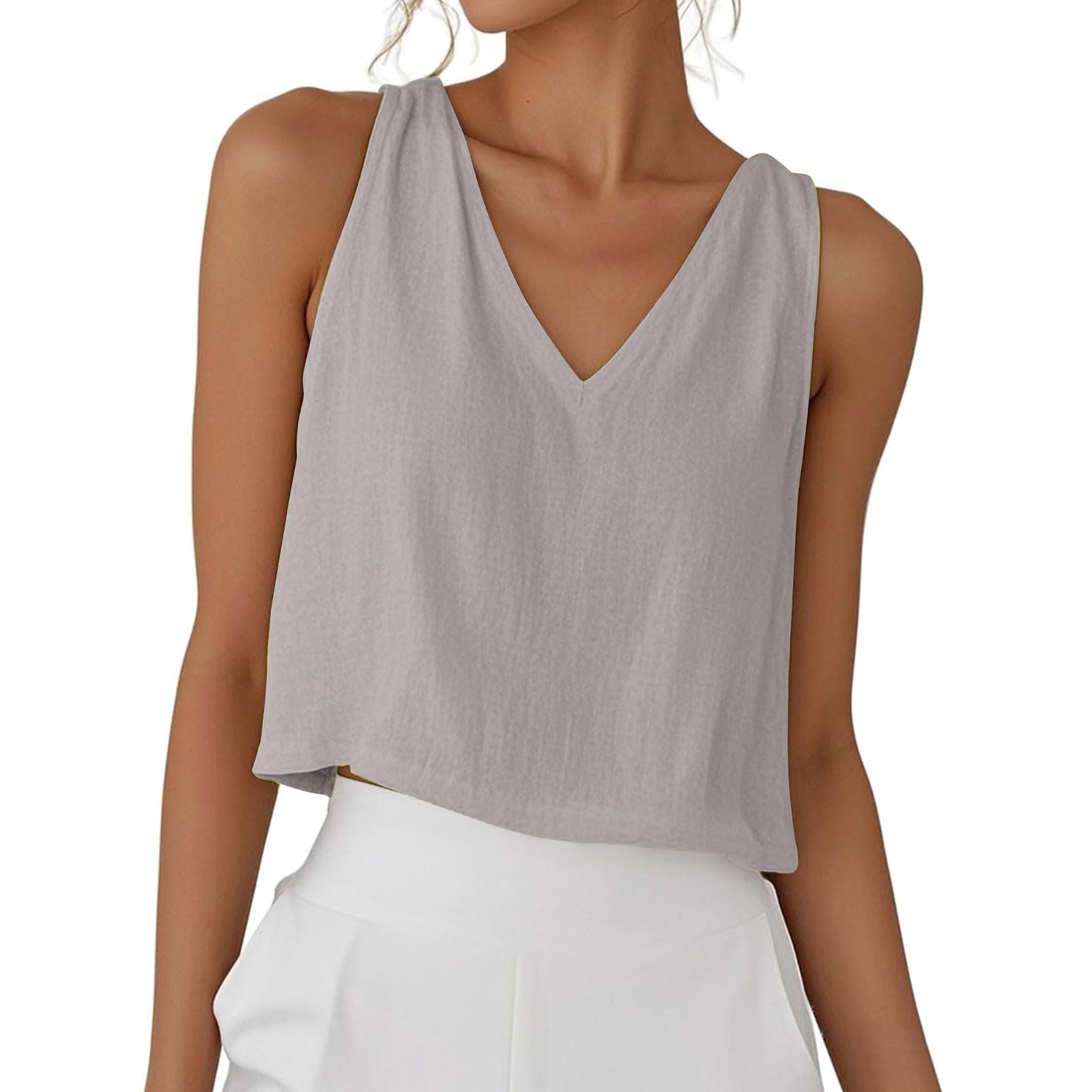 RLEHJN Tank Top Damen,Sommer Leinen V-Ausschnitt Tops Kurze Elegante Oberteile Ärmellose Shirts Baumwolle Einfarbige T-Shirts Basic Blusentop Musselin Tanktops Trägertop Trägershirt