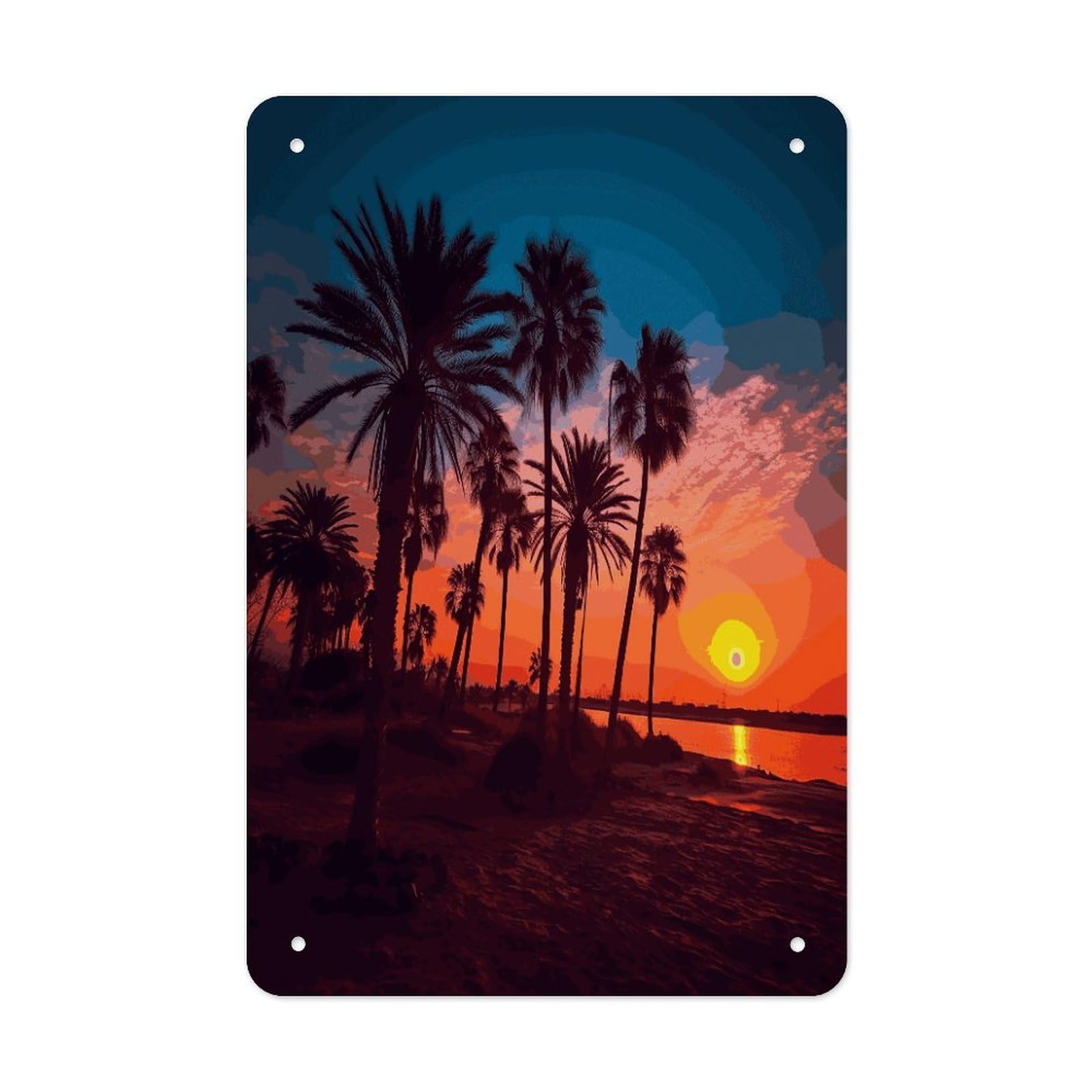 LDGSUPH Palm Tree Sunset Wall Art Prints Folded Edge Iron Sheet Painting with Holes for Wall Prints Decorative Picture Metal Signboard Decor Painting for Outdoor Indoor Wall Decor