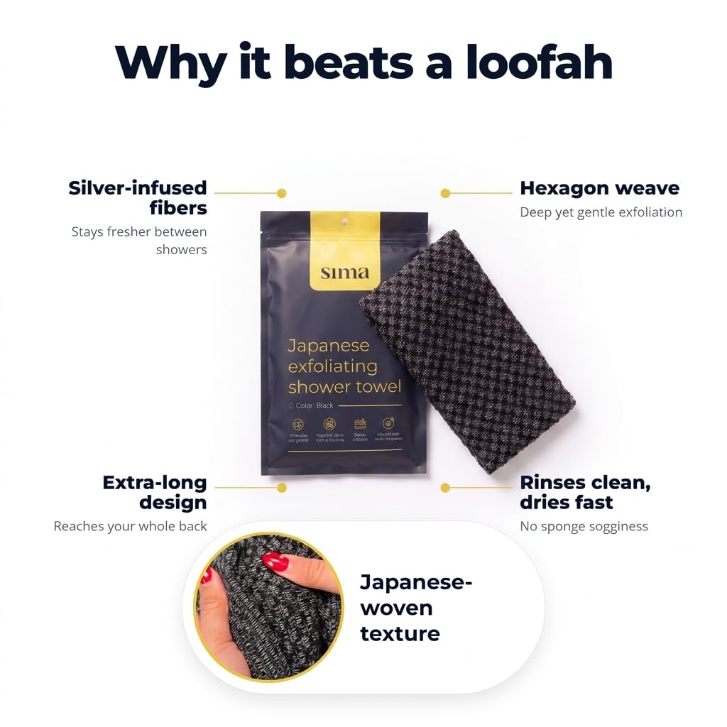 Asciugamano esfoliante per viso e corpo, asciugamano esfoliante giapponese con fibre esagonali, scrubber per il corpo con 2 lati per strofinare e lavare, extra lungo (nero, 2 pezzi)