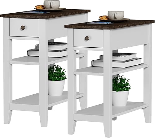 ChooChoo Juego de 2 mesas auxiliares para sala de estar, mesa auxiliar estrecha con cajón y estante, mesa auxiliar de sofá de 3 niveles para