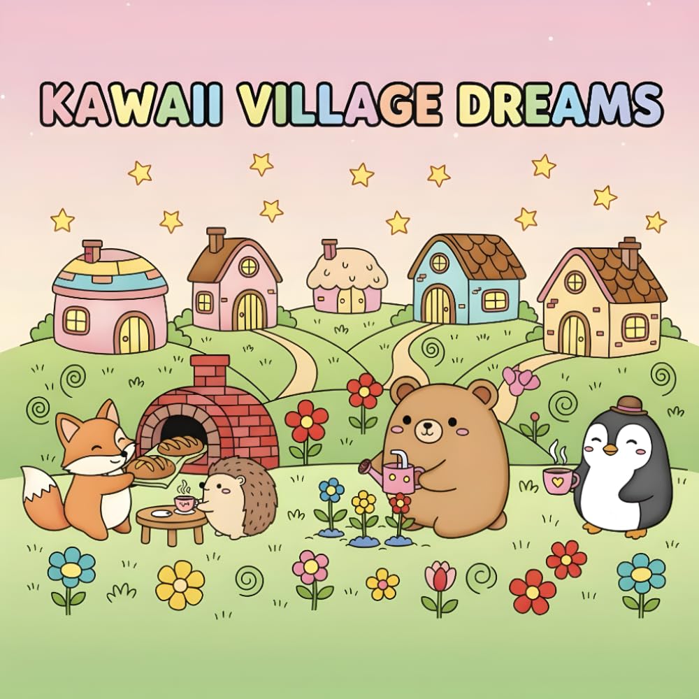 Kawaii Village Dreams: A Cute & Cozy Animal Coloring Book for All Ages