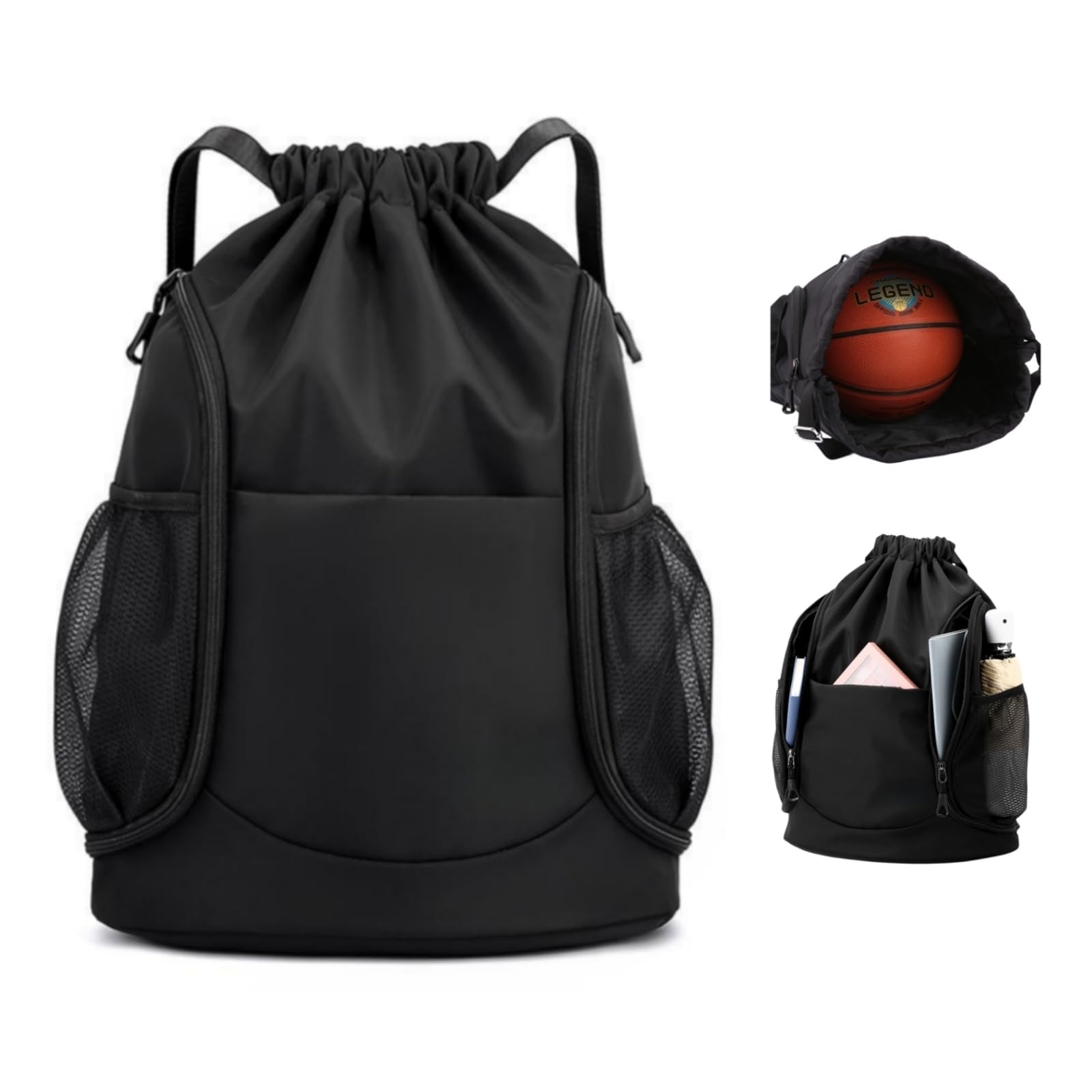 Sport Drawstring Backpack Waterproof Soccer Bag for Man and Women, , Sports Basketball Bag for Students Gym Draw String Sackpack with Shoes Compartment Side Mesh Pockets