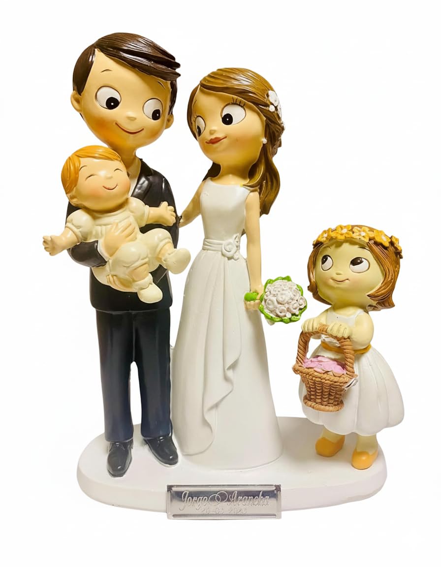 Figura Boda Novios con Dos Hijos Bebé e Hija Niña GRABADA Personalizada con Nombres y Fecha para Tarta