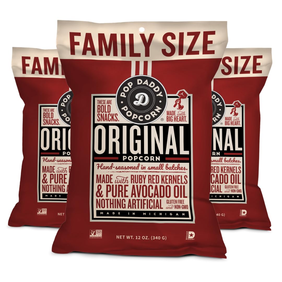 Pop Daddy Original Family Size, 12oz Healthy Gluten Free Hand Seasoned Bold Gourmet Flavored Popcorn Snacks, 3 Pack
