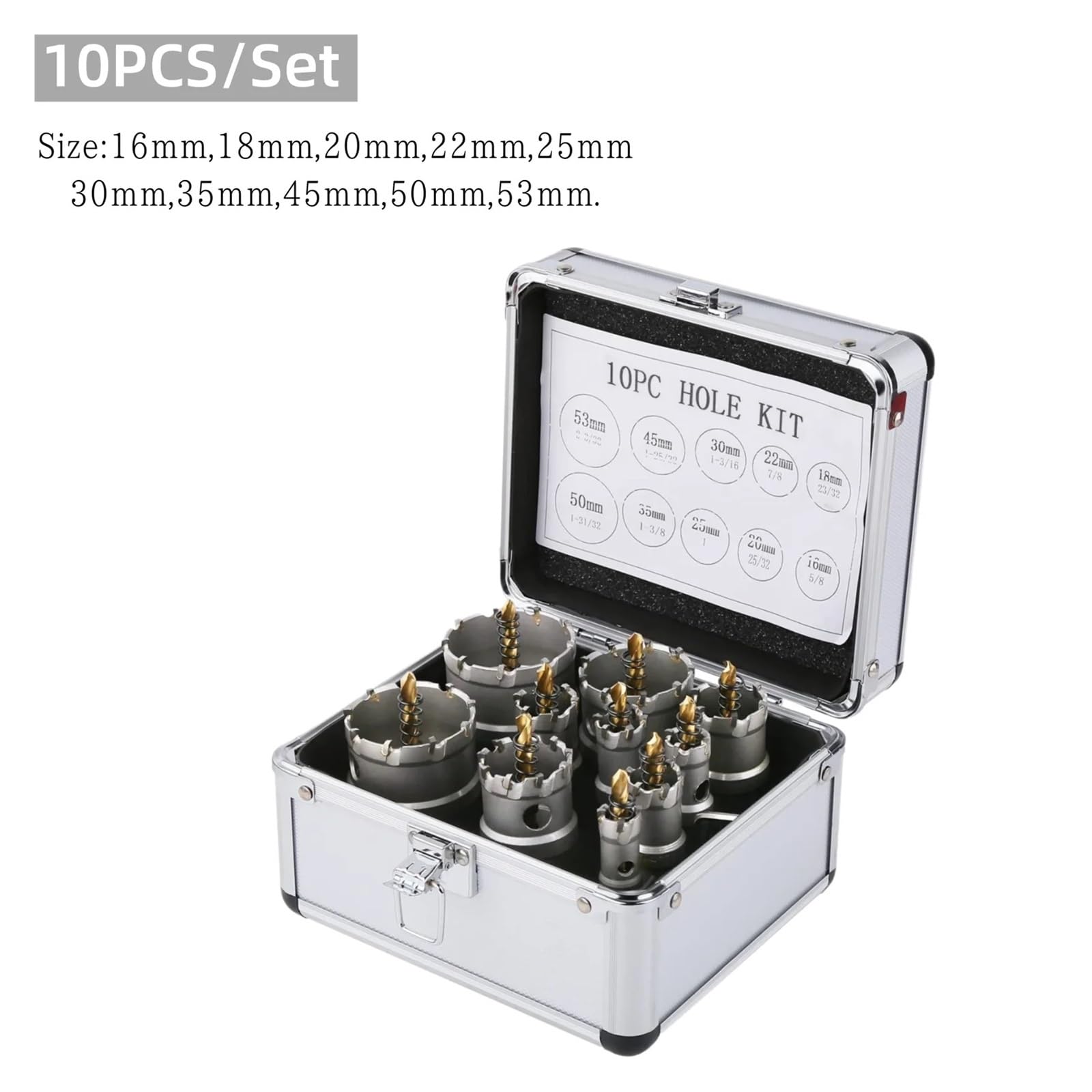 Kit De Brocas De Carburo For Metal, 6/10 Piezas, Juego De Sierras De Corona TCT De 16-65 Mm For Acero Inoxidable De Corte De Alta Resistencia.(10PCS 16-53mm)
