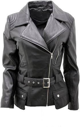 Ladies Black Long Feminine Leather Biker Jacket