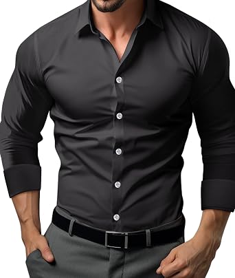 Men Spring Autumn Black White Gray Fashion Casual Slim Fit Long Sleeve Button Down Business Dress Shirt
