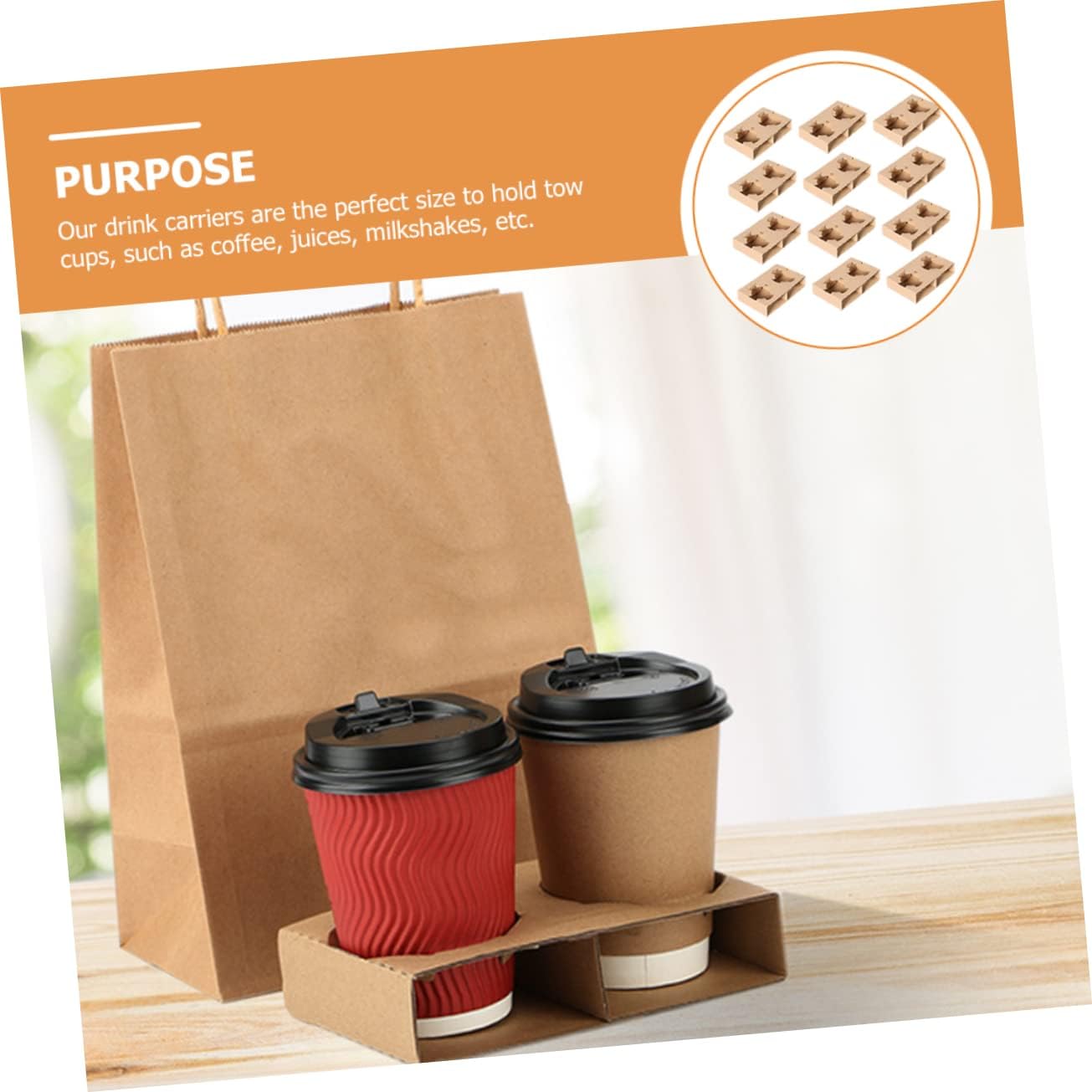 LABRIMP 50Pcs Takeout Beverage Carrier Tray Double Cup Holder with Corrugated Paper for Secure Transport for Shops and Cafes