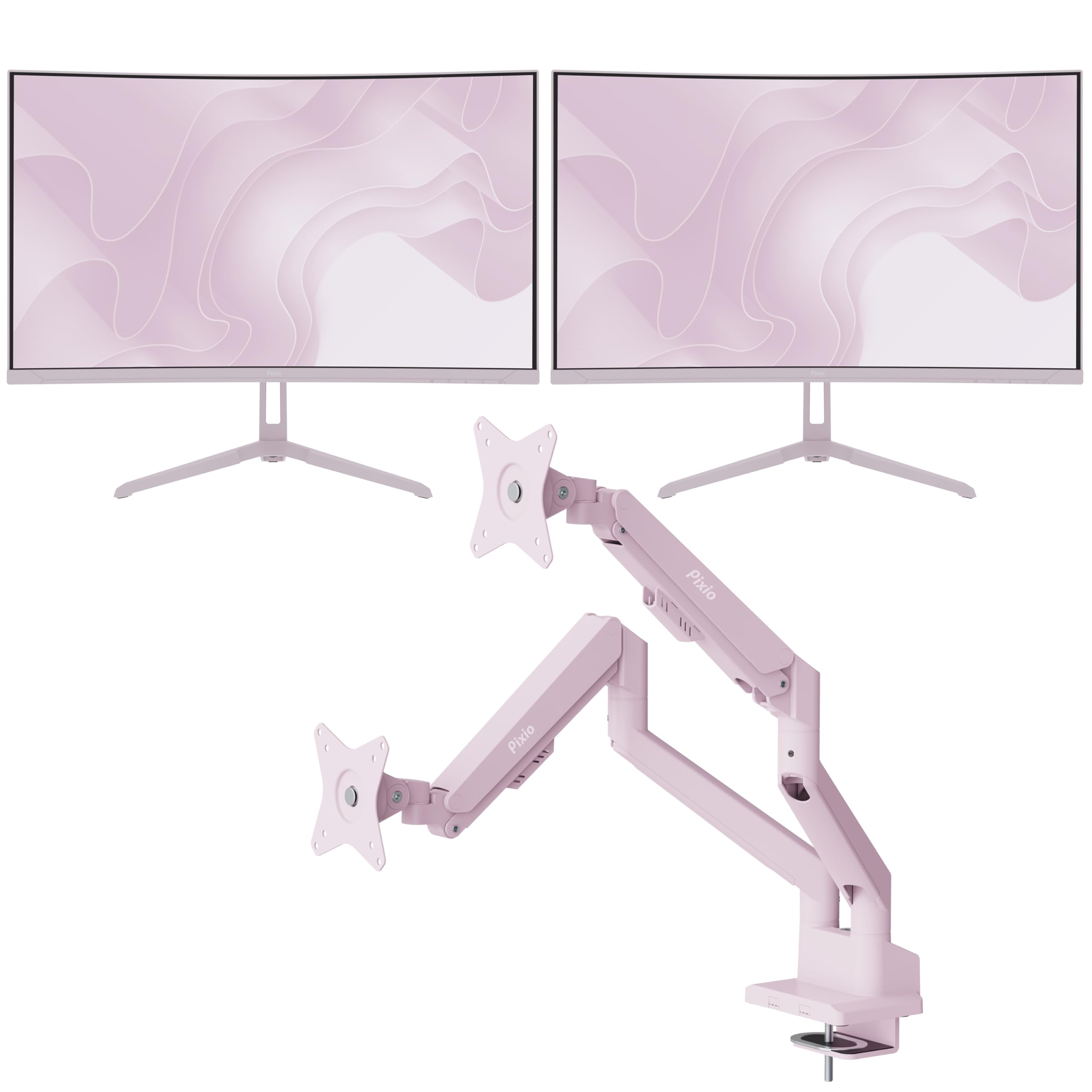 Pixio Two PXC248WAVE Pink 24 inch 200Hz Refresh Rate FHD 1080p Resolution 1500R Curve Fast VA Panel 1ms GTG Response Time HDR Curved Gaming Monitor and PS1D Wave Pink Dual Monitor Arm - Fits up to 32
