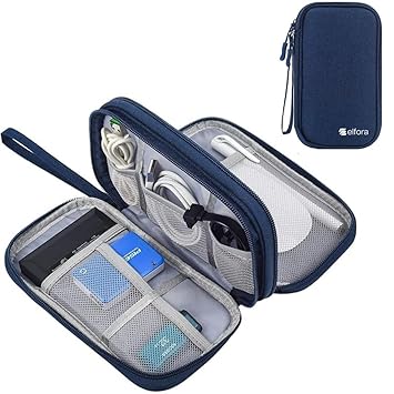 Elfora Compact Cable Organizer Bag | Double Layer Storage Pouch for Cables, Chargers, AirPods, Power Bank & Other Accessories | Durable & Portable Nylon Travel Case with Mesh Pockets – Blue - image, photos