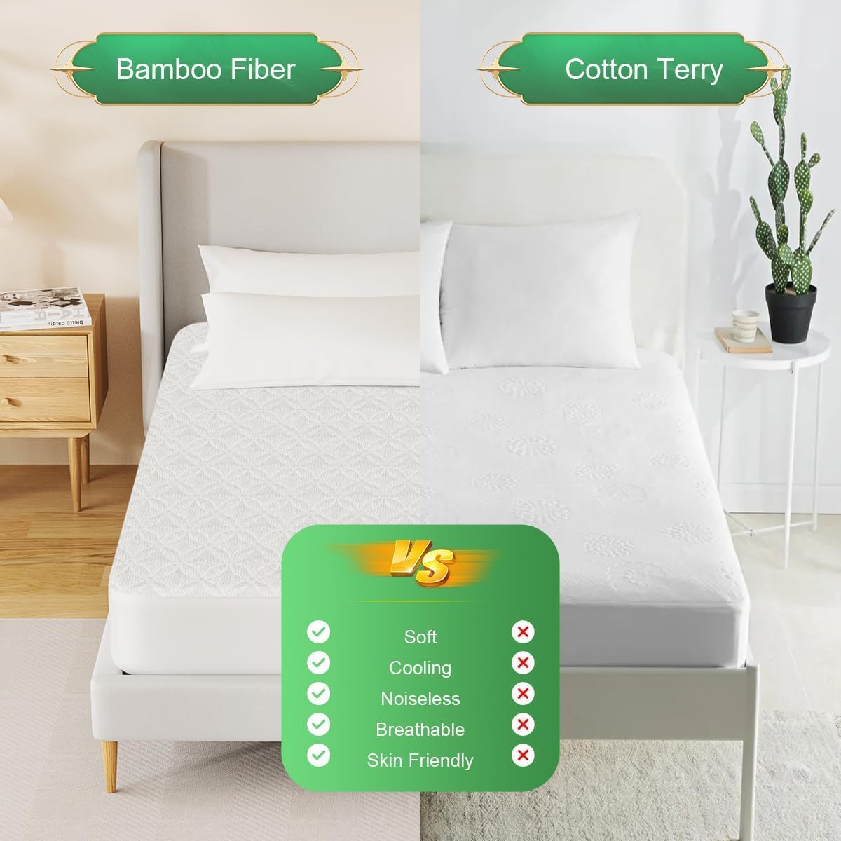 Bamboo Waterproof Mattress Protector，Soft & Breathable, Hypoallergenic,Queen Size 60x80+18 Inch Bed Cover, All-Season Bed Protection