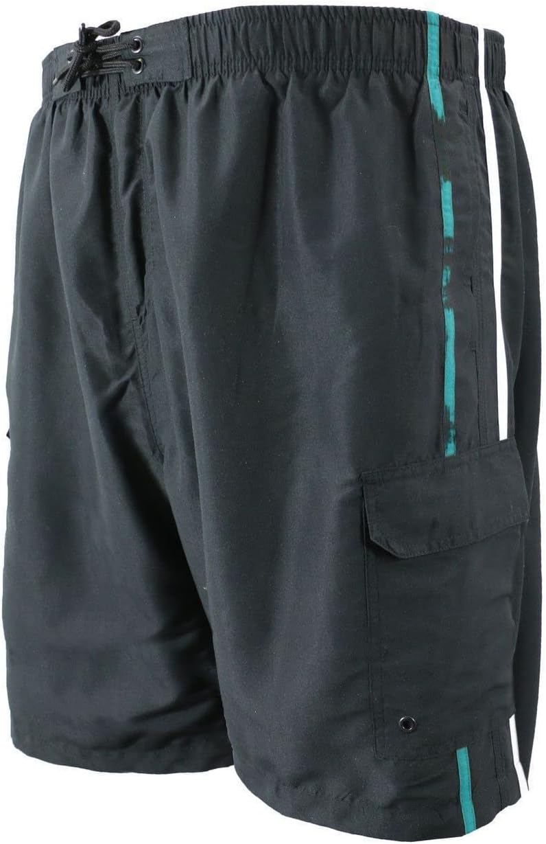Falcon Bay Big and Tall Cargo Swim Trunks with Double Stripe Sizes 2X to 8X in Black, Royal Blue, Charcoal