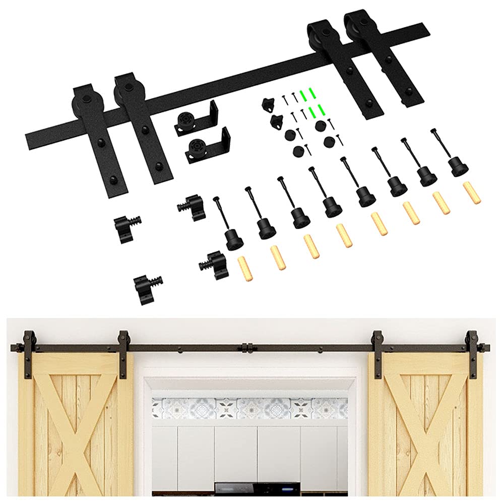 CCJH 13FT/396cm Sliding Barn Double Door Hardware Track Kit J Shape Roller Hanger Set with Adjustable Floor Guide
