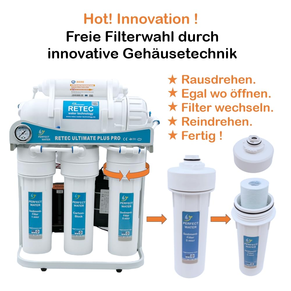 RETEC Ultimate PLUS PRO Umkehrosmoseanlage 800 GPD – Komplettset inkl. Edelstahl Wasserhahn, Filterset, TDS Messgerät & Leckageschutz – Direct Flow ohne Tank, 24V System