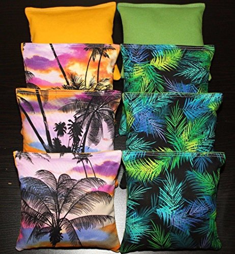 Tropical Beach Island Paradise Palm Trees Cornhole Bean Bags Set of 8 Regulation Yellow & Lime